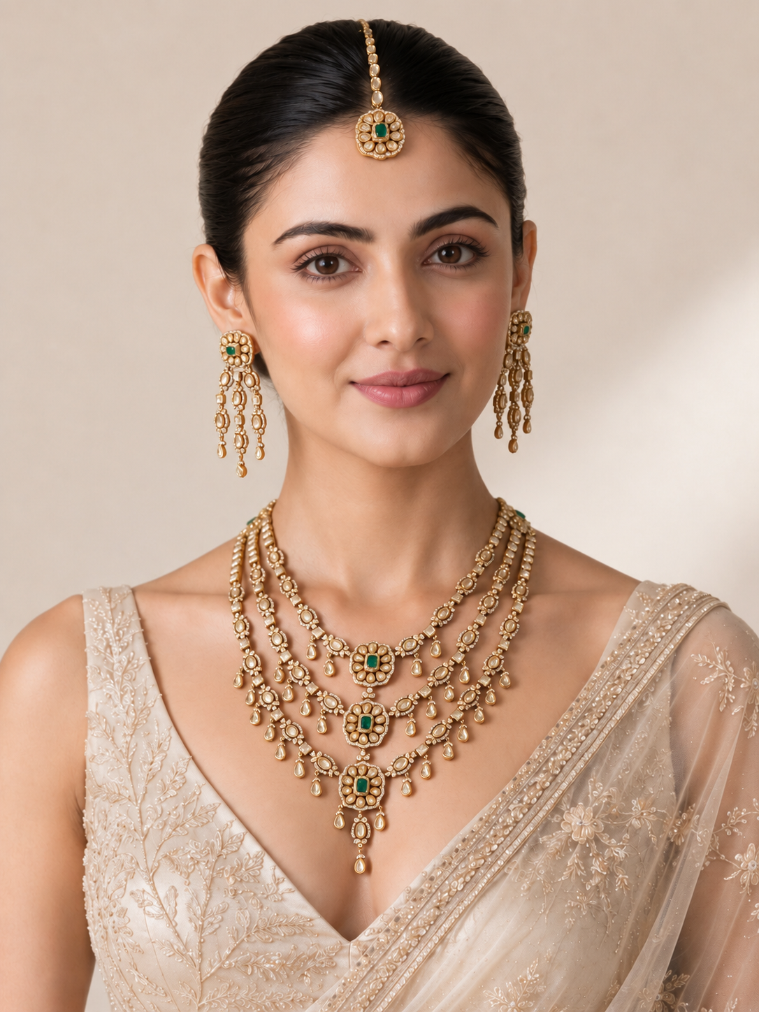 Emerald Kundan Three Layered Necklace Set 09
