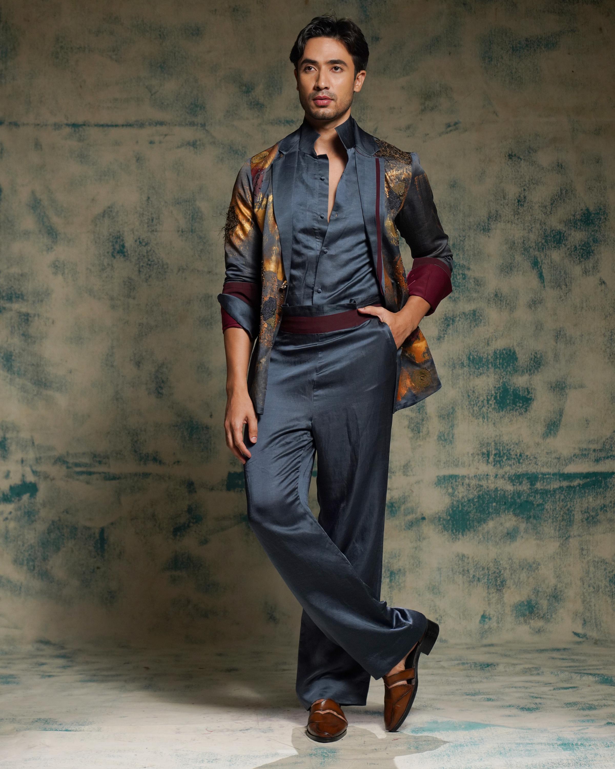 Charcoal Blue Hand painted concept blazer set