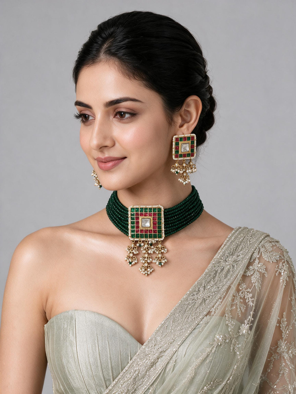 Emerald Green Beaded Square Choker Necklace Set 16