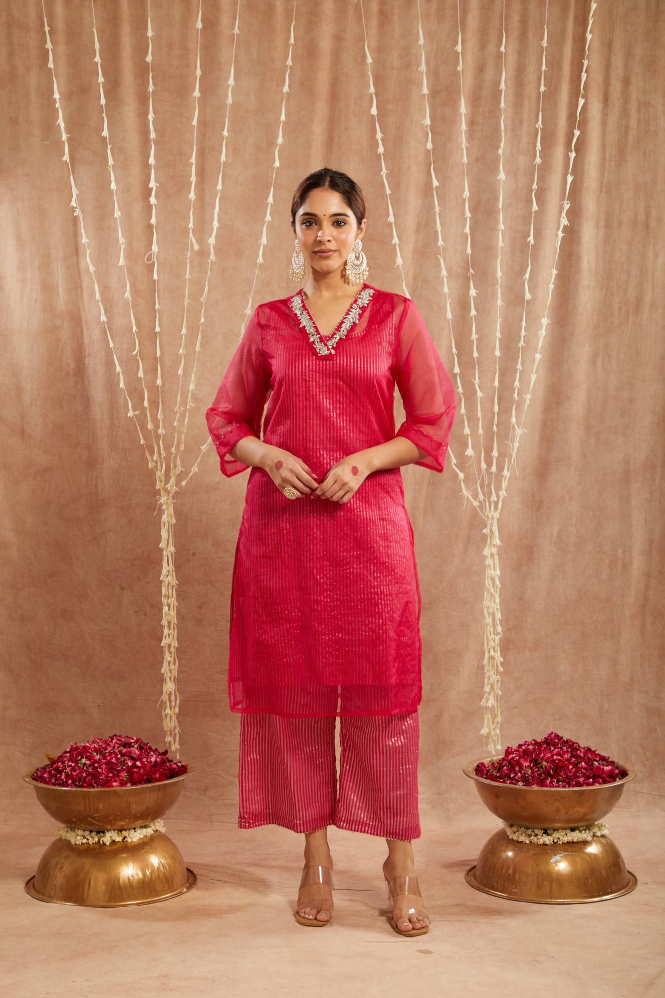 Fuchsia Pink Floral Embroidred Kurta with Flared Pants