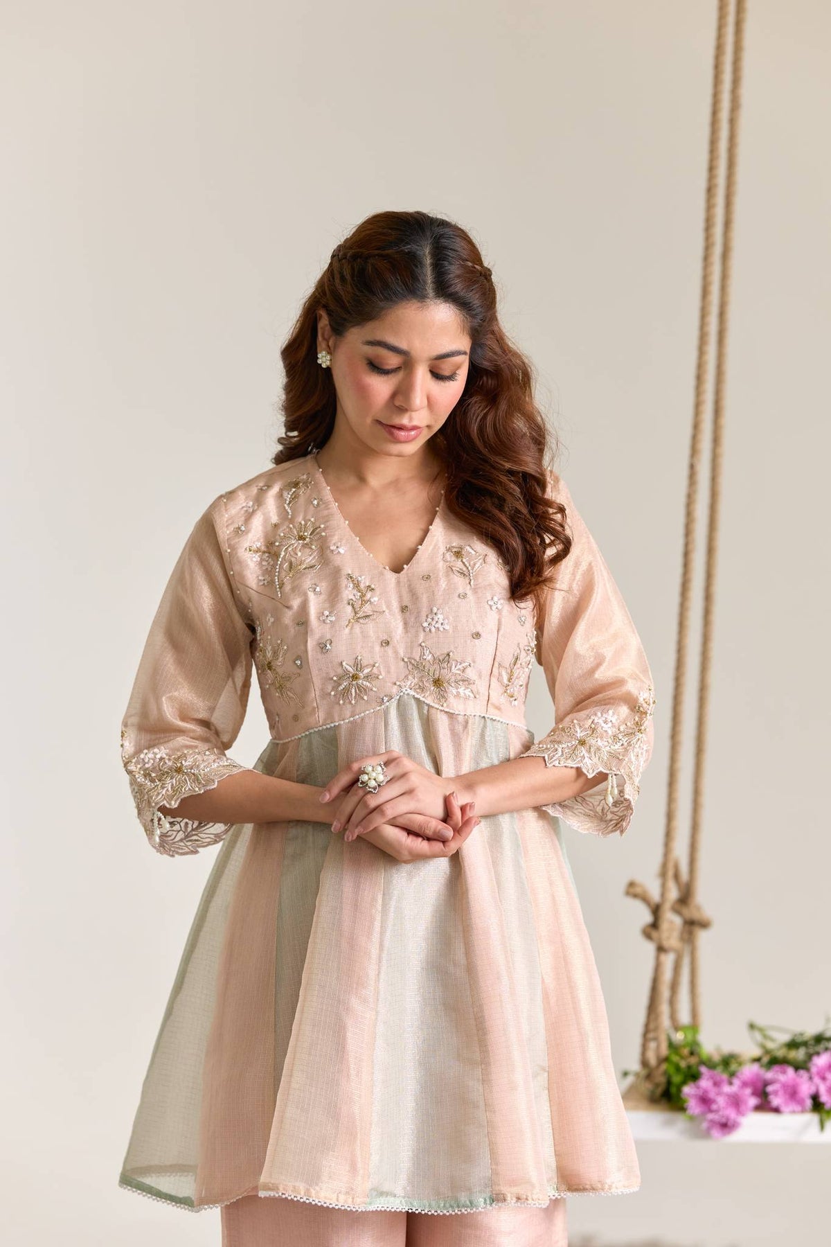 Rose Mint Dori Kota Tissue Anarkali Set - Set of 2