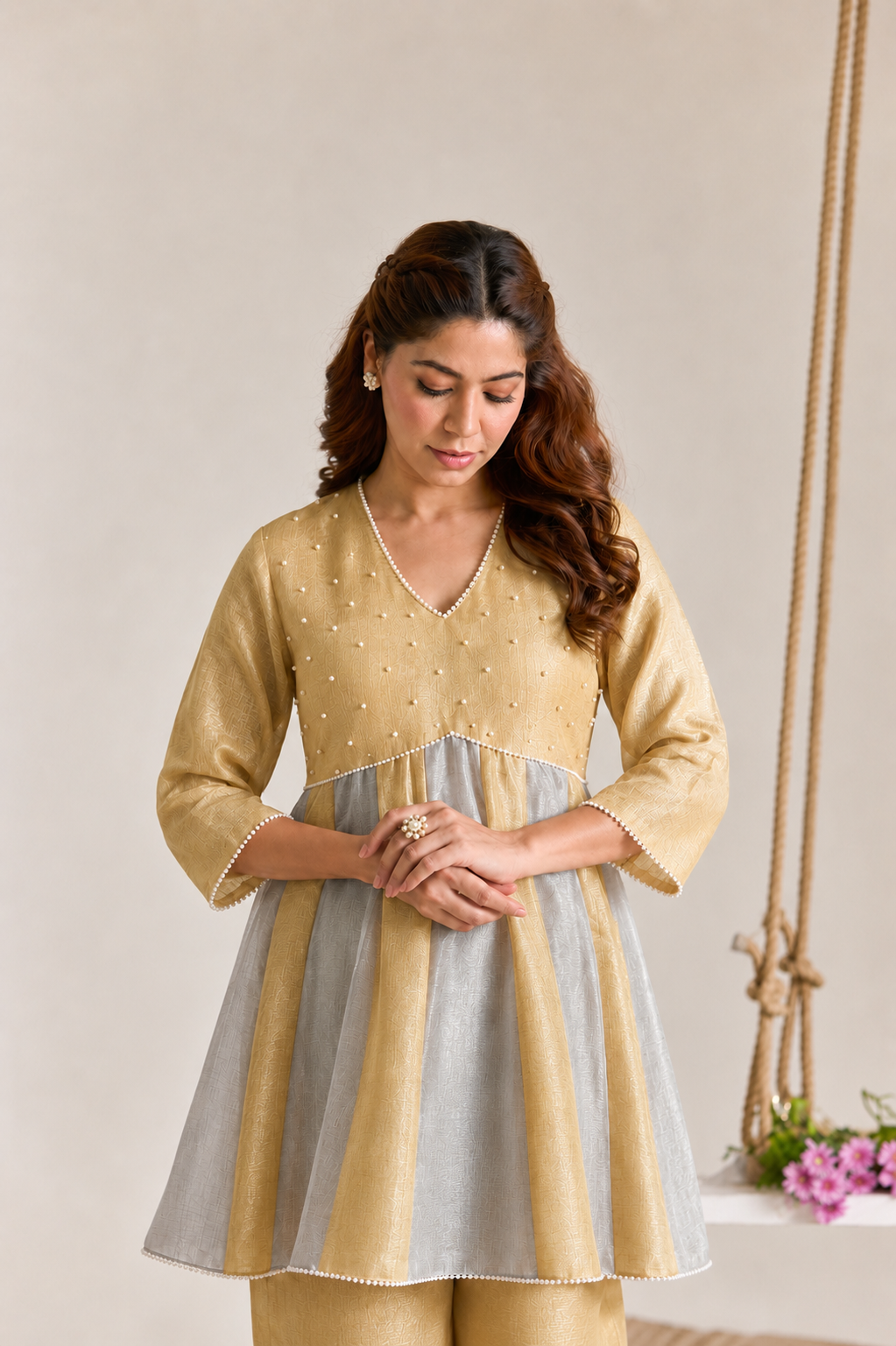 Golden Silver Pearl Kota Tissue Anarkali Set - Set of 2
