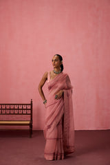 Peach organza embroidered saree comes with unstitched & unembroidered blouse fabric in chanderi