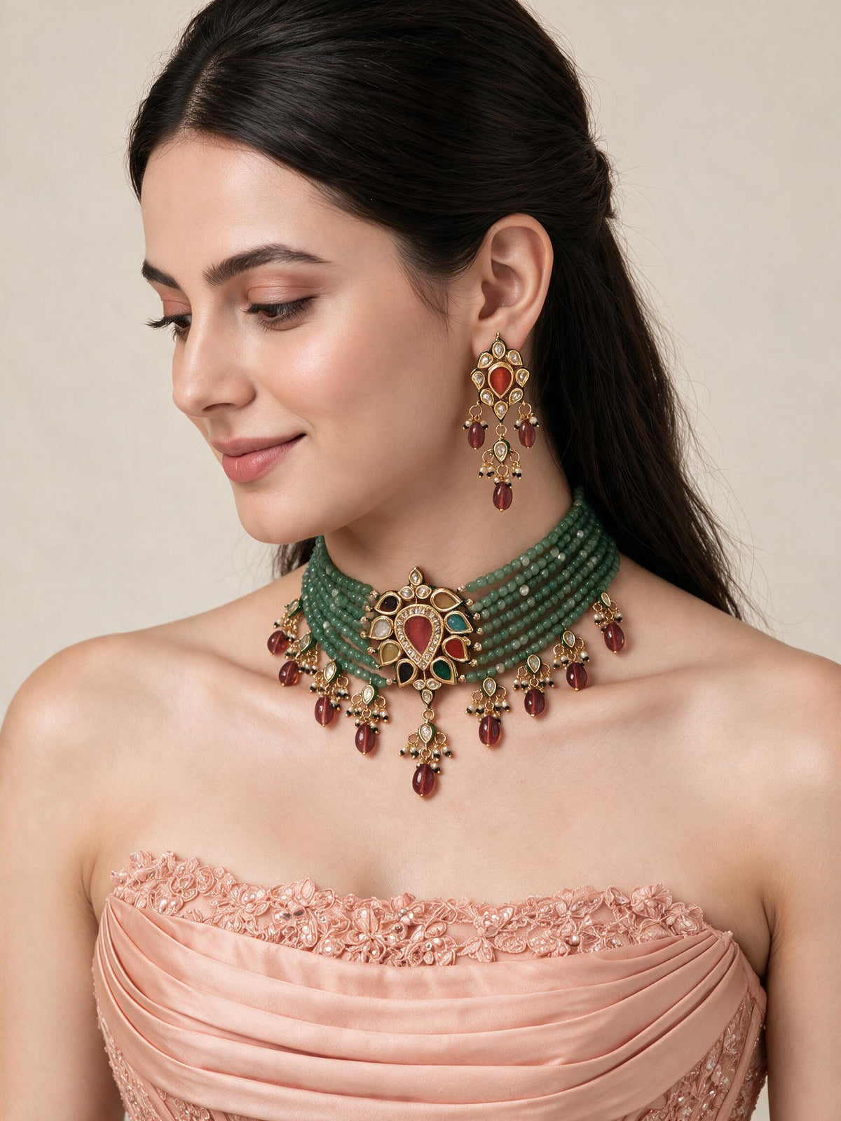 Kundan Sage Green Beaded Choker Earring Set