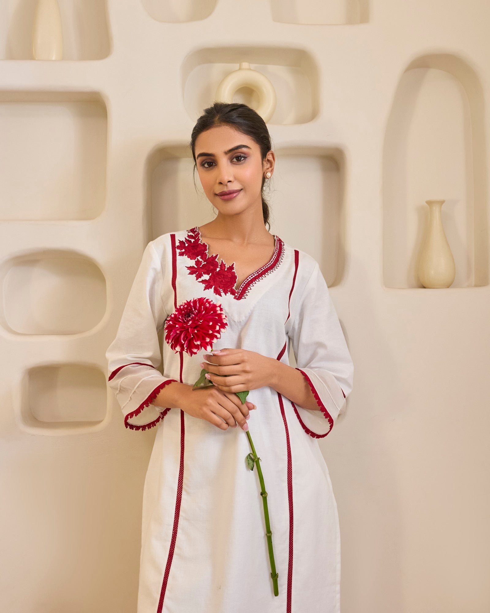 Red Rose Embroidered Khaadi Kurta with Narrow Pants
