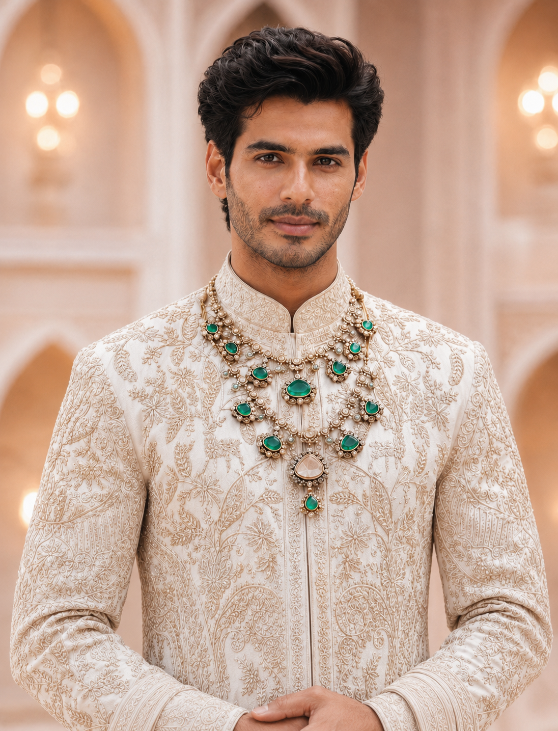 Double-Layered Green Stone Kundan Statement Necklace