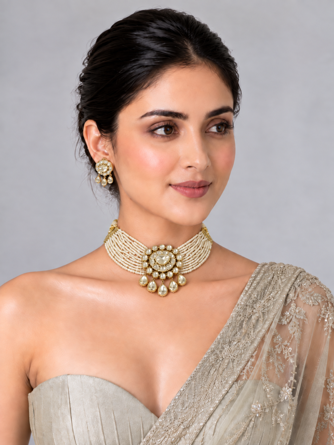 Pearl Moissanite Polki Choker Necklace Set