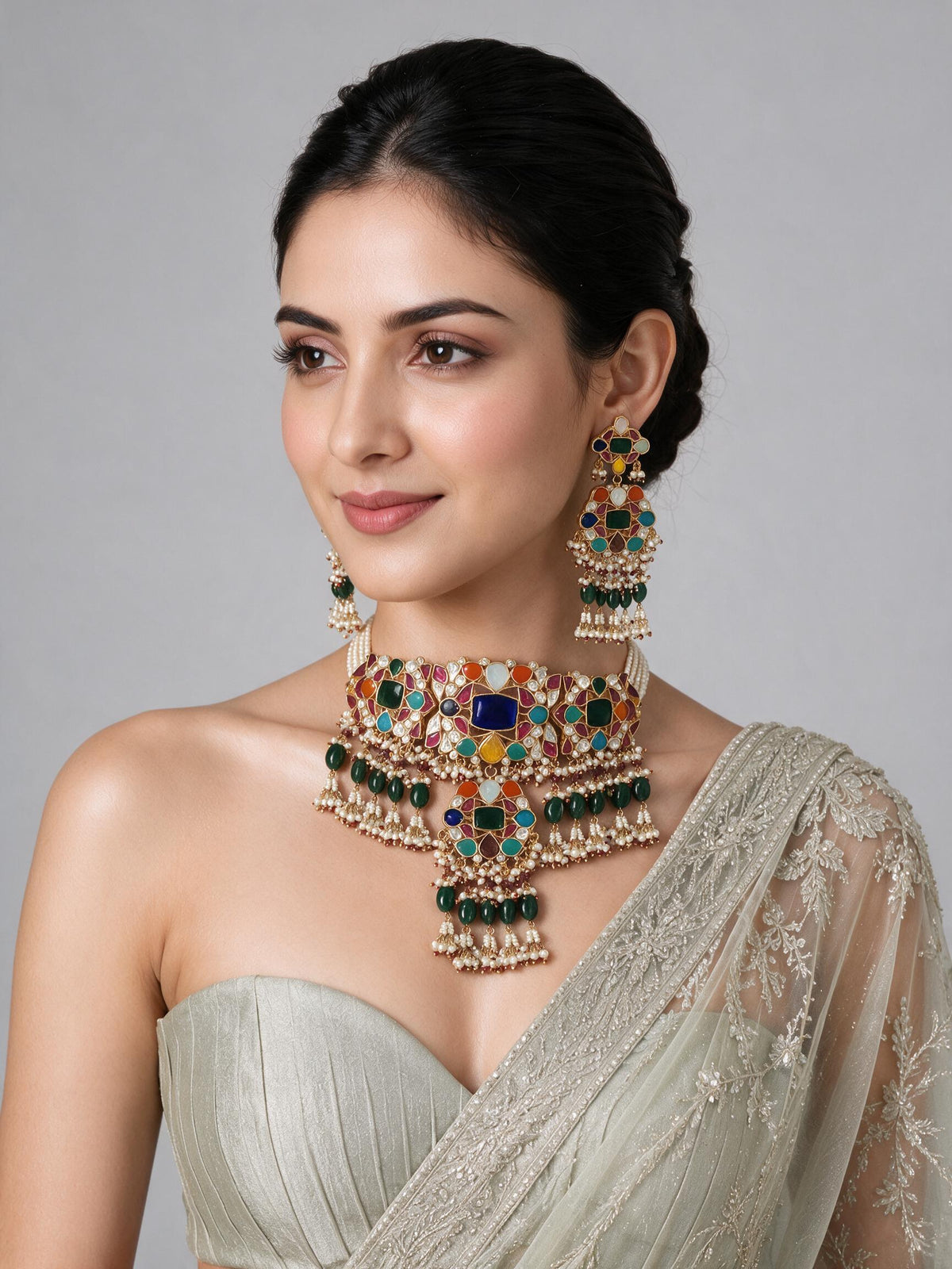 Multicolor Kundan Pearl Choker Necklace Set 25