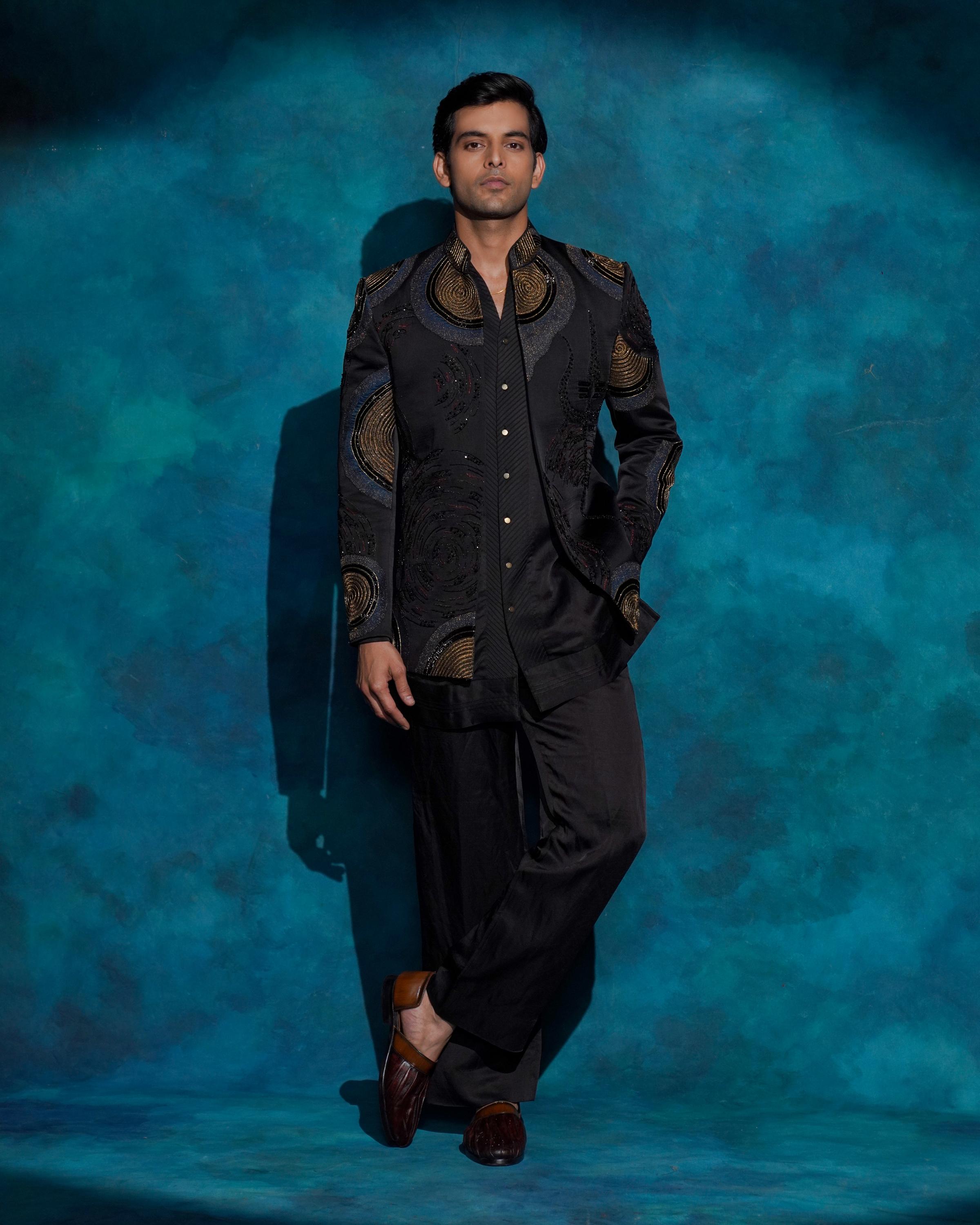 Black hand embroidered open bandhgala set