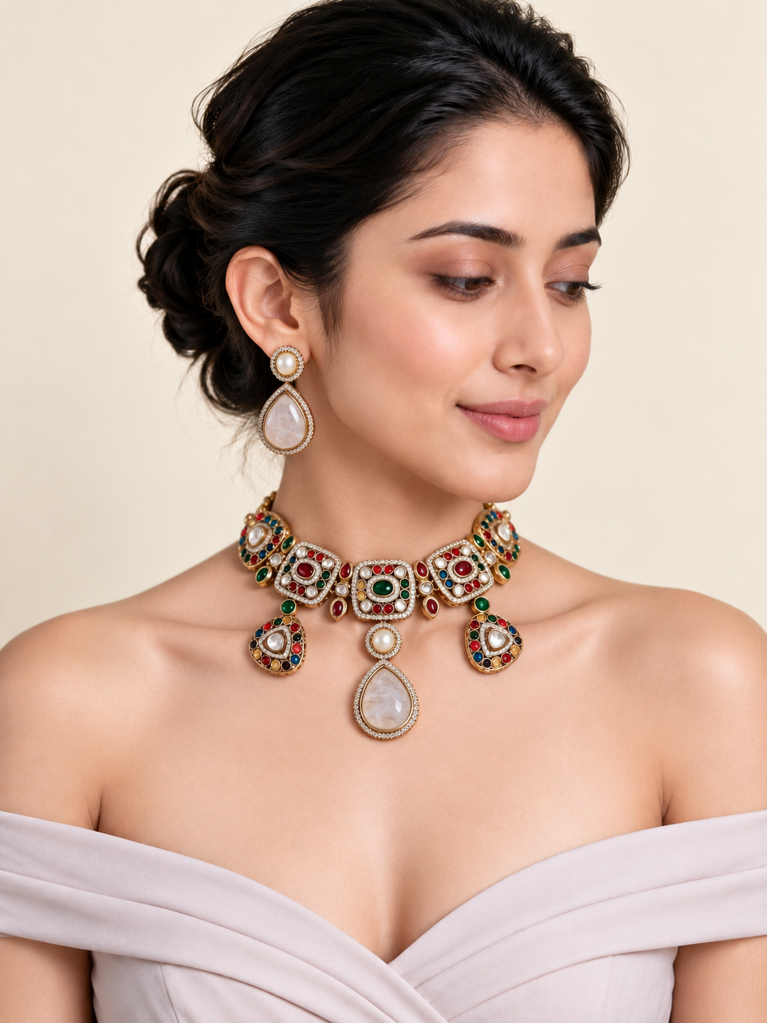 Multicolor Semi-Precious Stone Drop Necklace Set 24