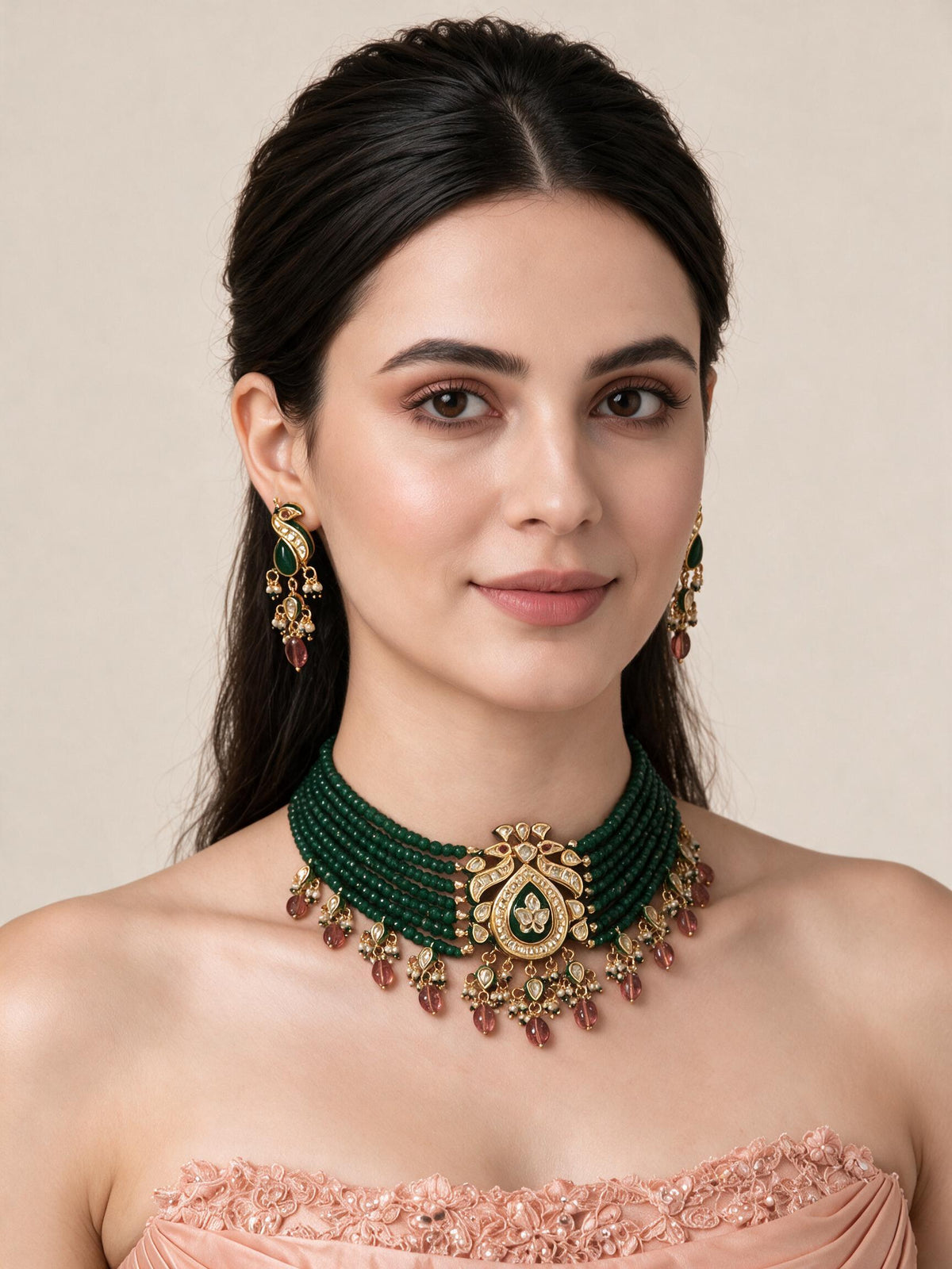 Kundan Peacock Beaded Choker Earring Set