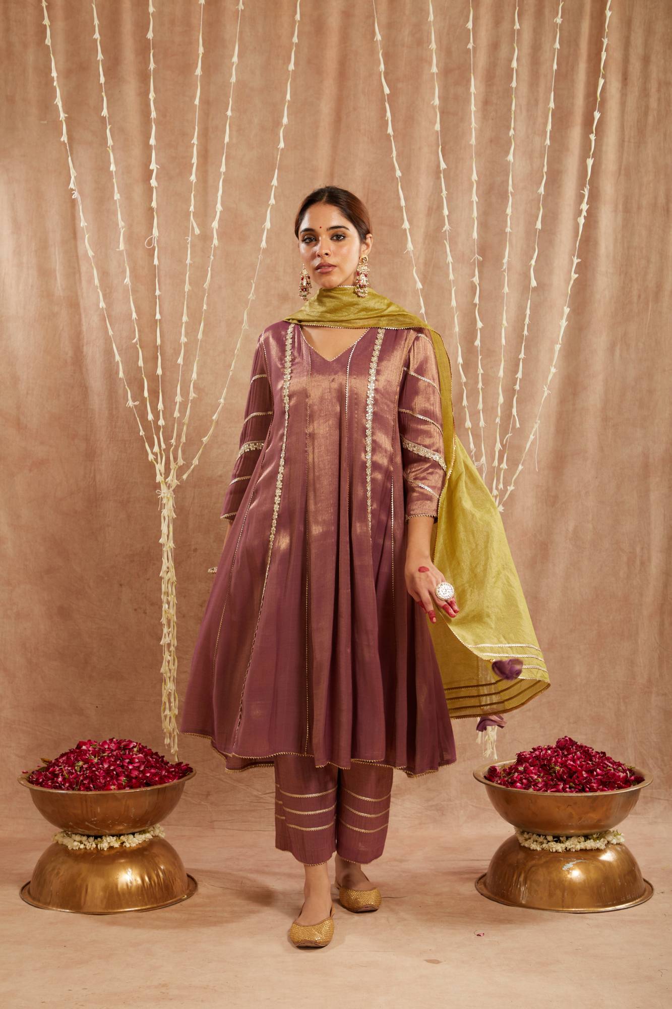 Purple Floral Gota Tissue Anarkali with Wide Leg Pants