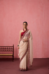 Champagne organza heavy cutwork border saree comes with unstitched & unembroidered blouse fabric in chanderi