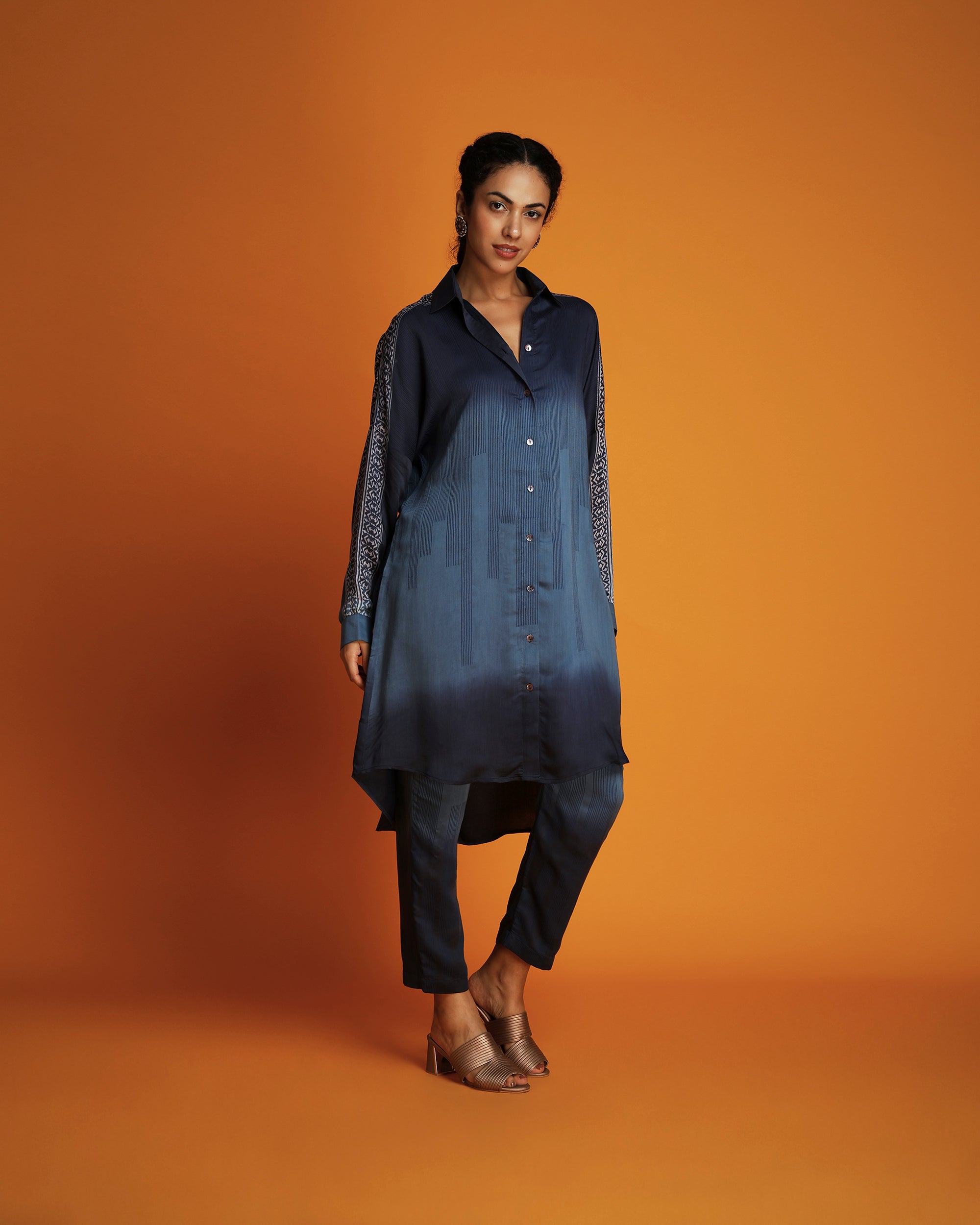 Navy ombre block printed shirt tunic set