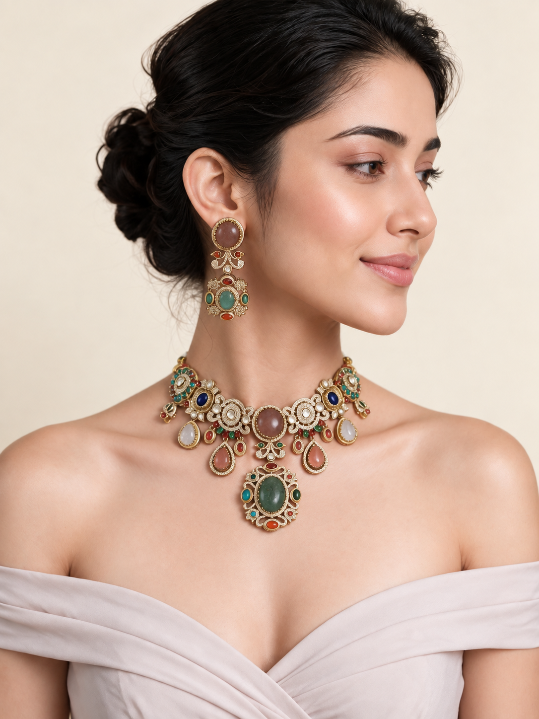 Multicolor Semi-Precious Stone Statement Necklace Set 26