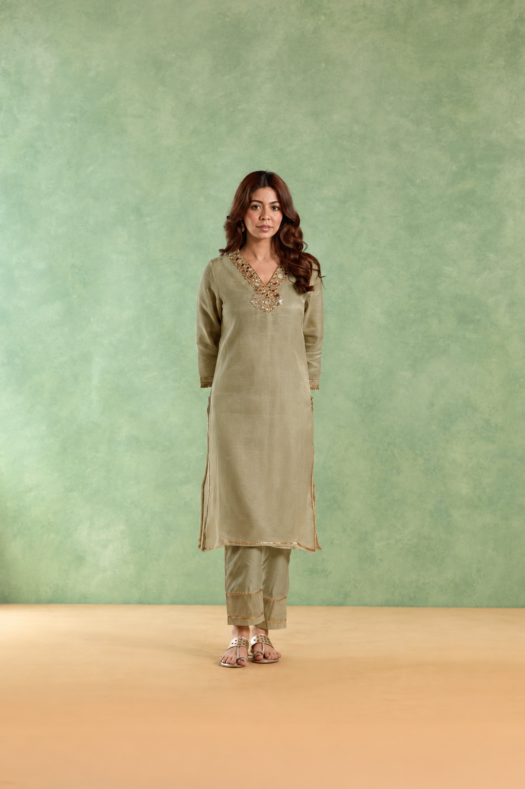 Sage Mirror Embroidered Chanderi Stripe Kurta Set - Set of 2