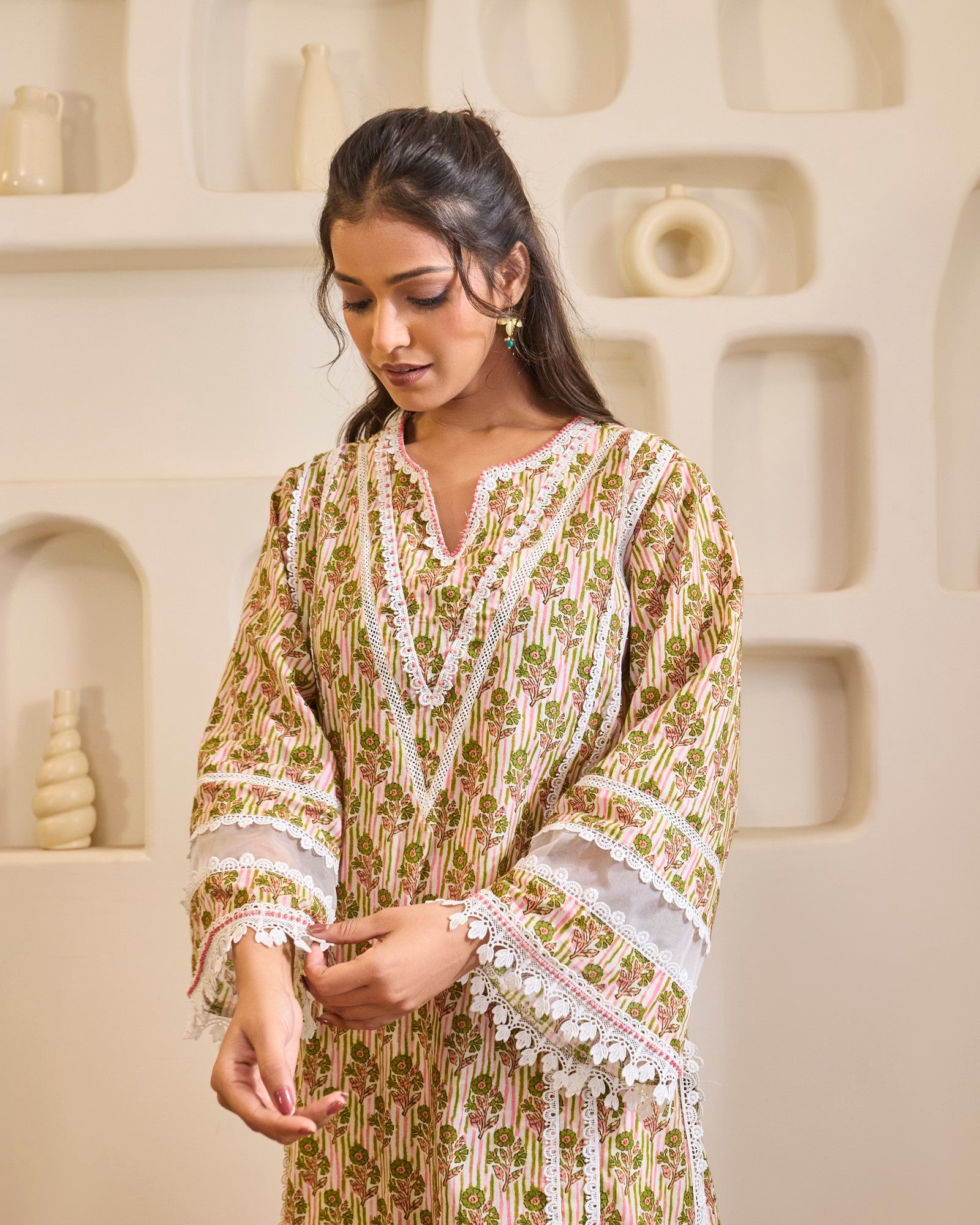 Green Charm Embroidered Cotton Kurta with Tulip Pants