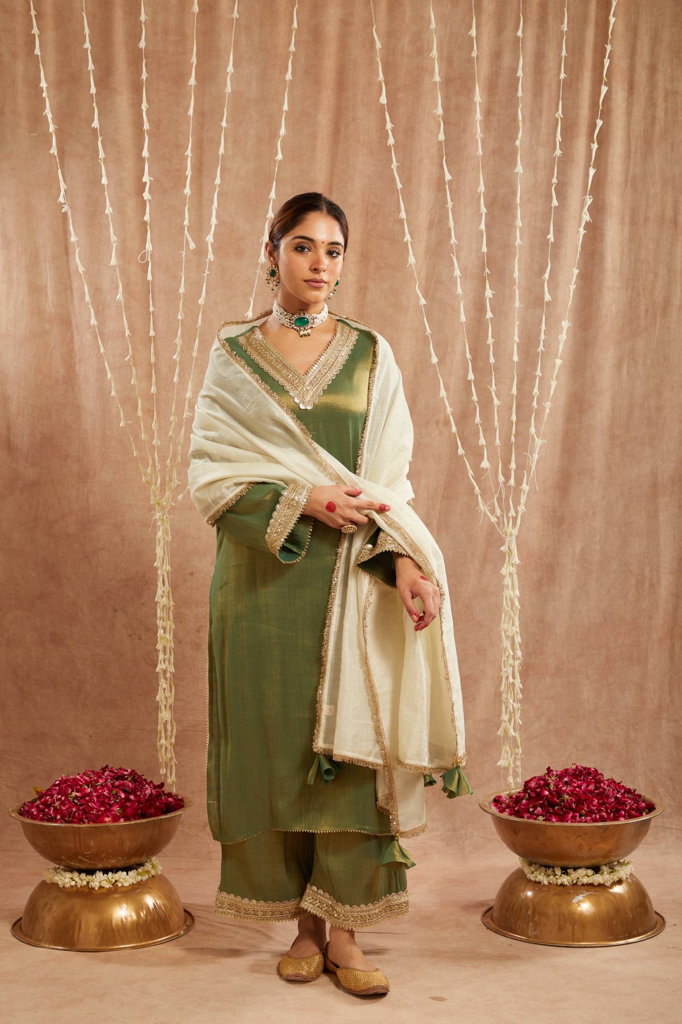 Green Sequins Gota Tissue Kurta with 
Wide Leg Pants