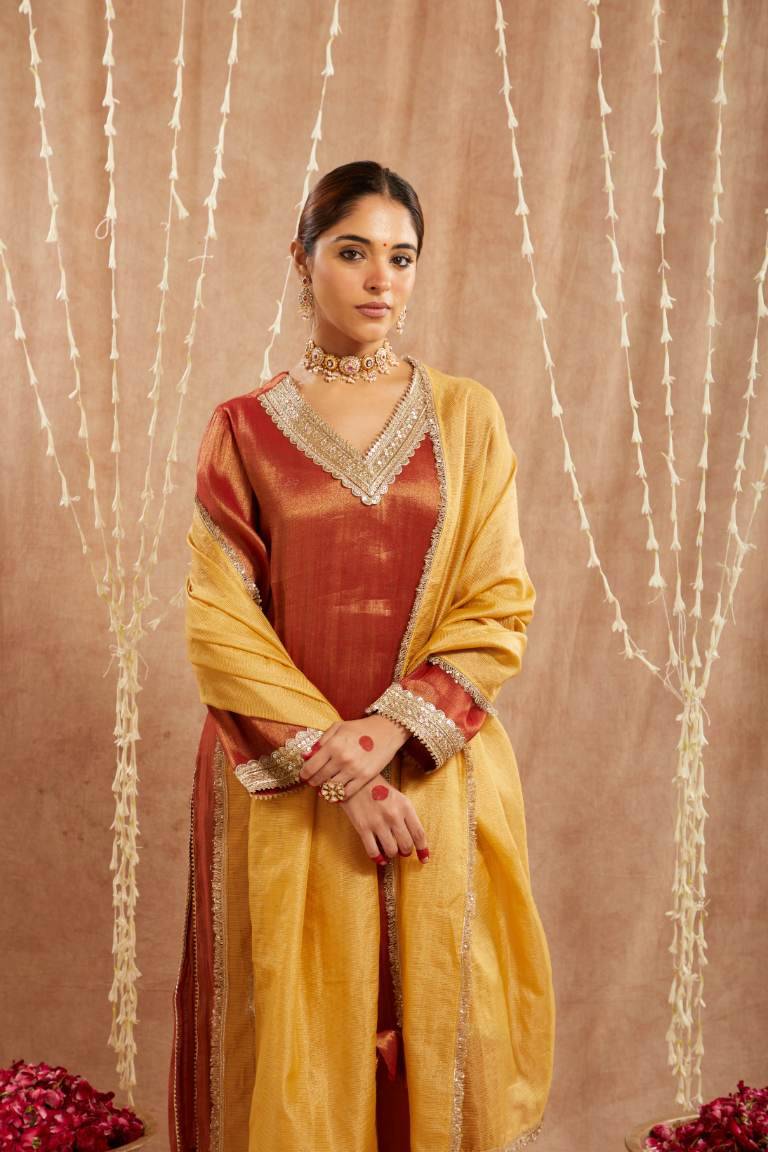 Rust Sequins Gota Tissue Kurta with 
Wide Leg Pants