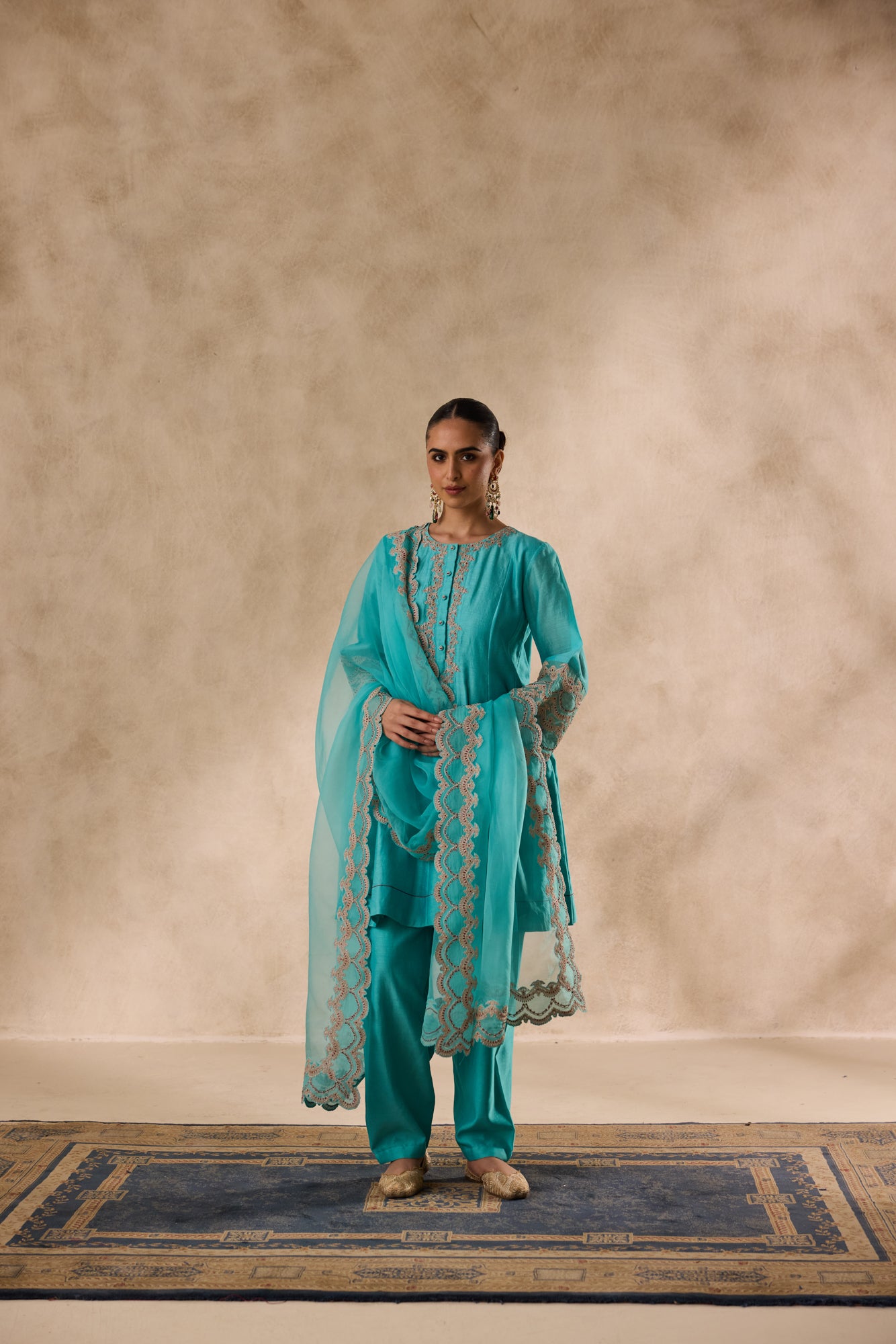 Sky blue chanderi dori work and french knot embroidered kurta paired with salwar & organza dupatta