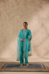 Sky blue chanderi dori work and french knot embroidered kurta paired with salwar & organza dupatta
