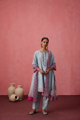 Sky blue chanderi dori work  floral and french knot embroidered kurta paired with pant & organza dupatta
