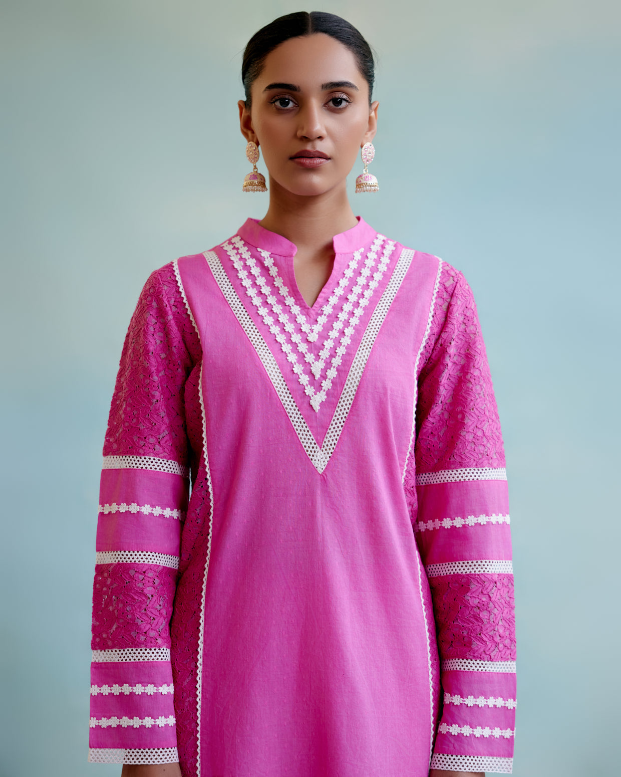 Neon Pink Kurta in Cotton Dobby and Schiffli fabric with Delicate Lace Detaling