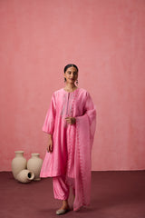 Pink chanderi dori work and resham embroidered kurta paired with organic cotton slip, Salwar & organza dupatta