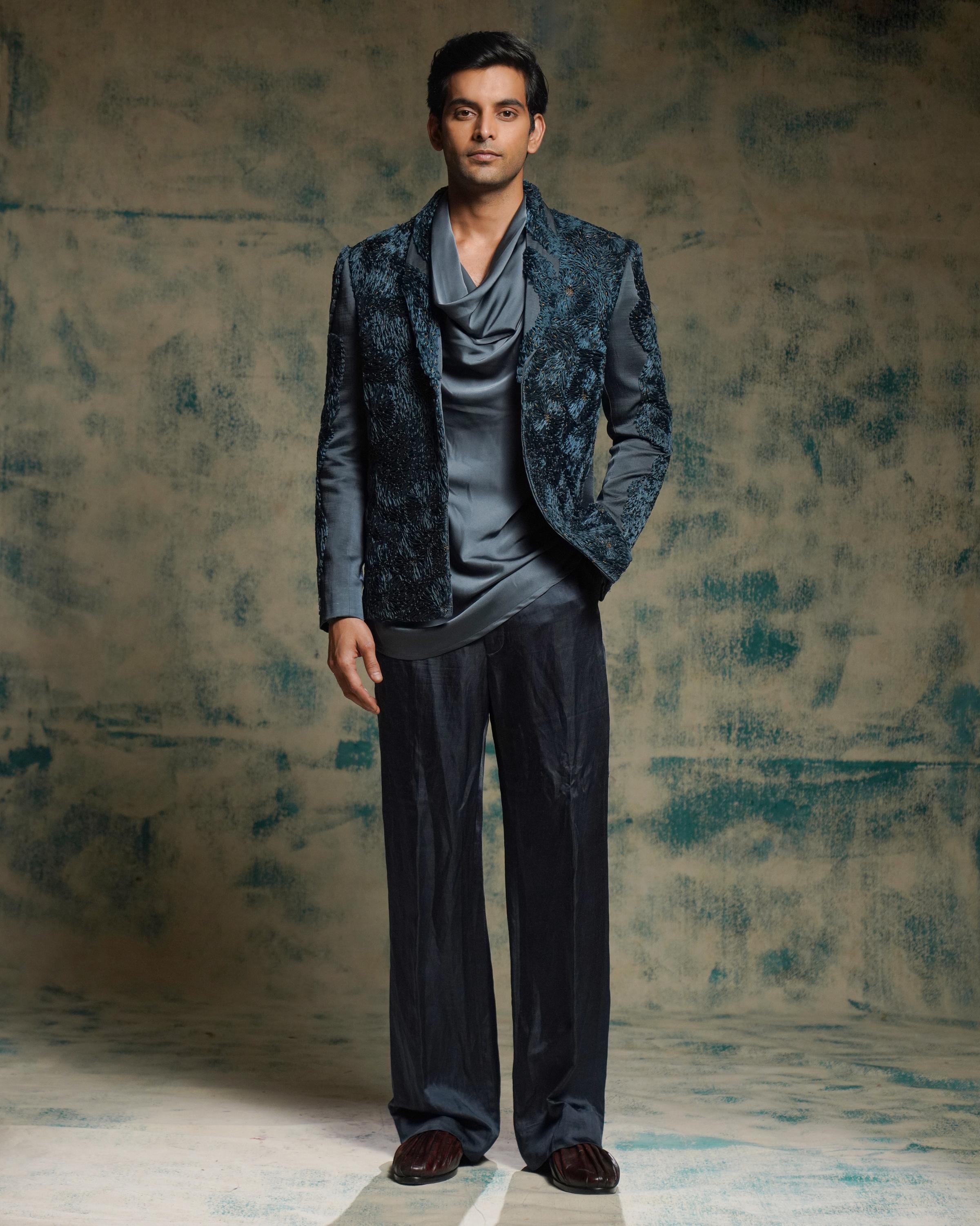 Charcoal Blue hand embroidered short jacket set