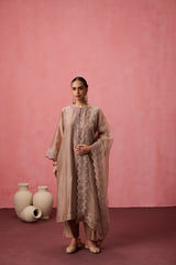 Champagne chanderi dori work  and resham embroidered kurta paired with pant & organza dupatta