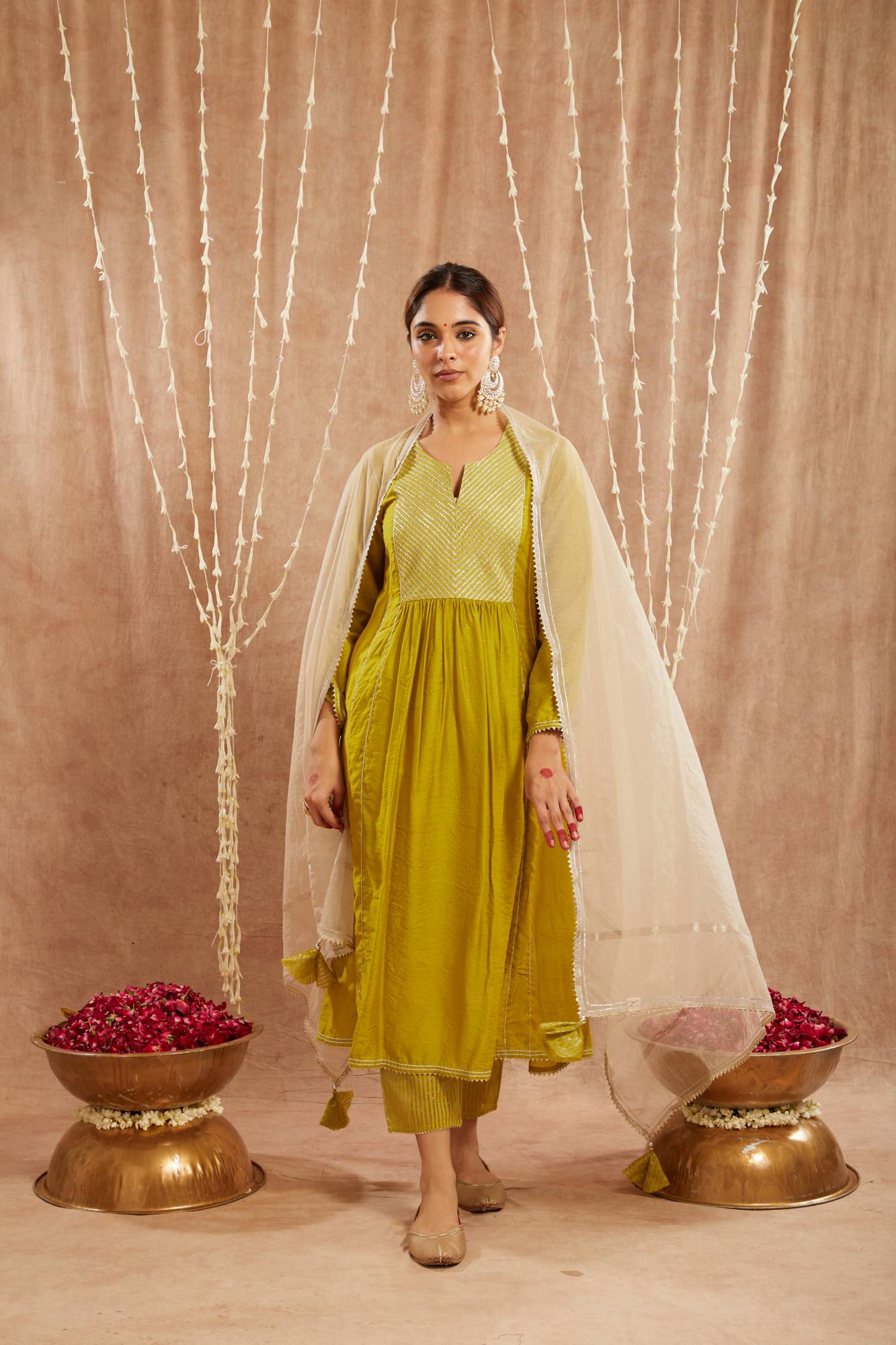 Olive Diagonal Yoke Kurta with Narrow Pants