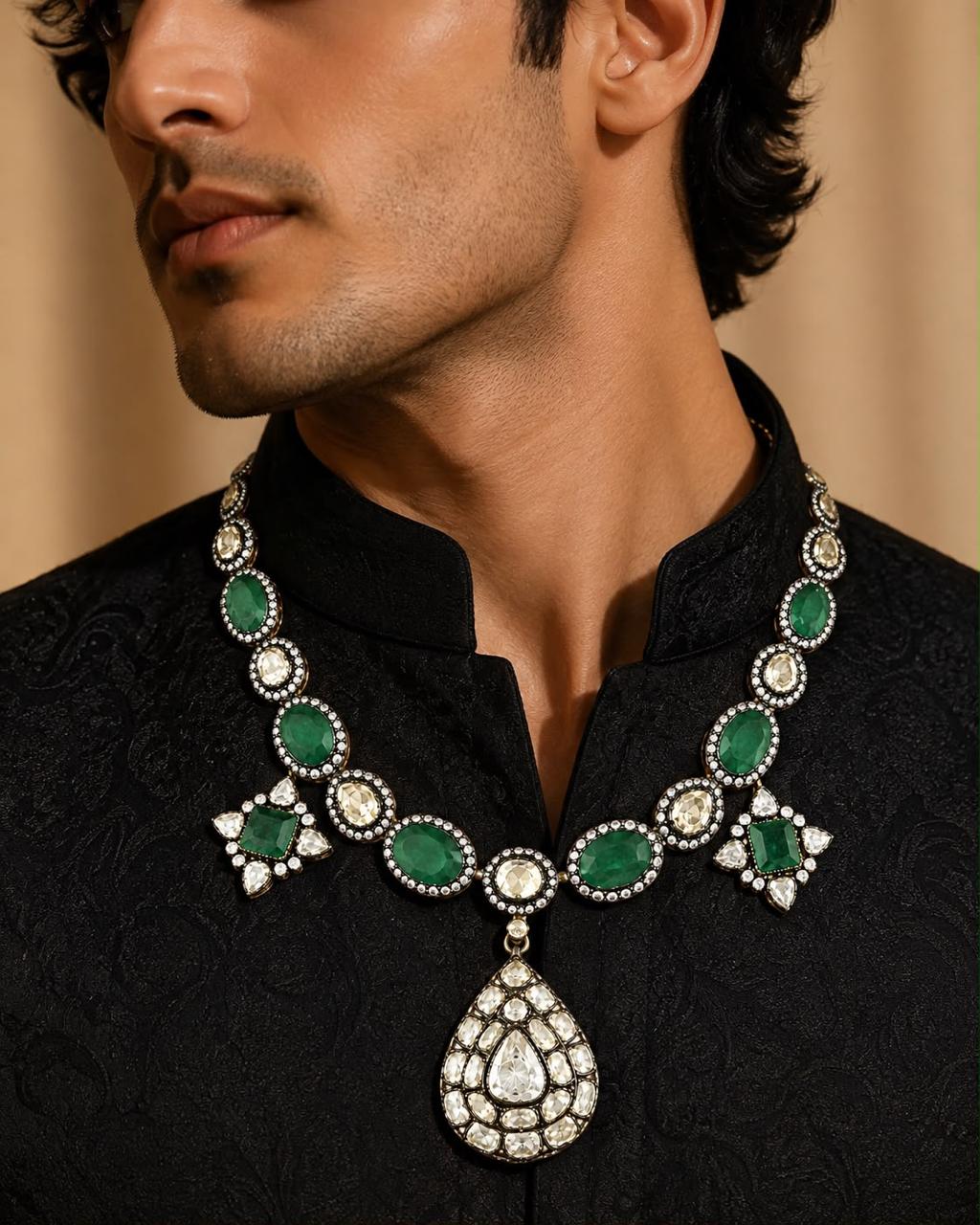 Green Stone Polki Pendant Necklace