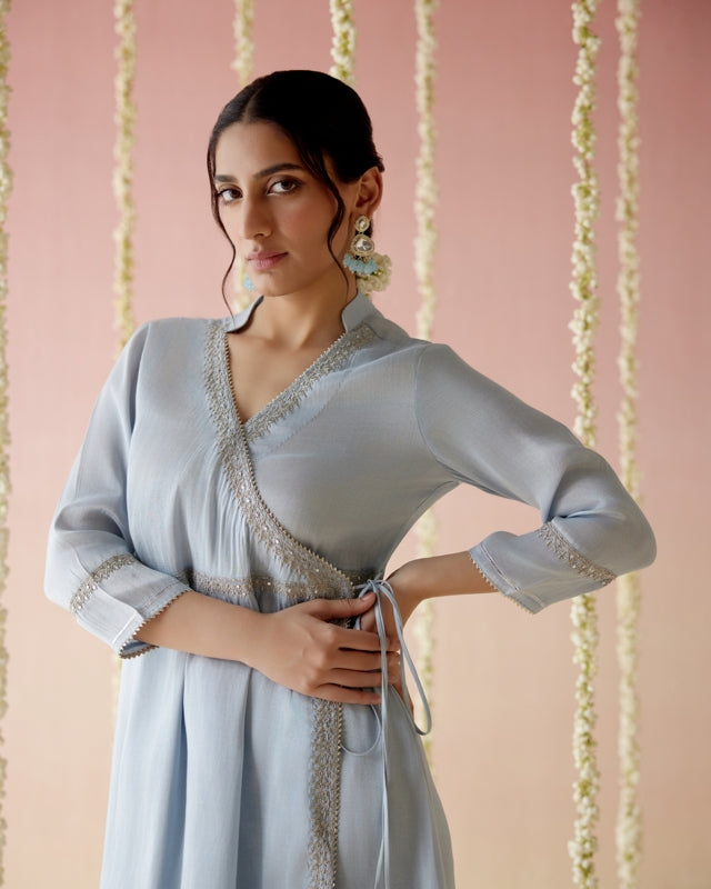 Glory Blue Tissue Angarakha with 
Narrow Pants & Dupatta - Set of 3
