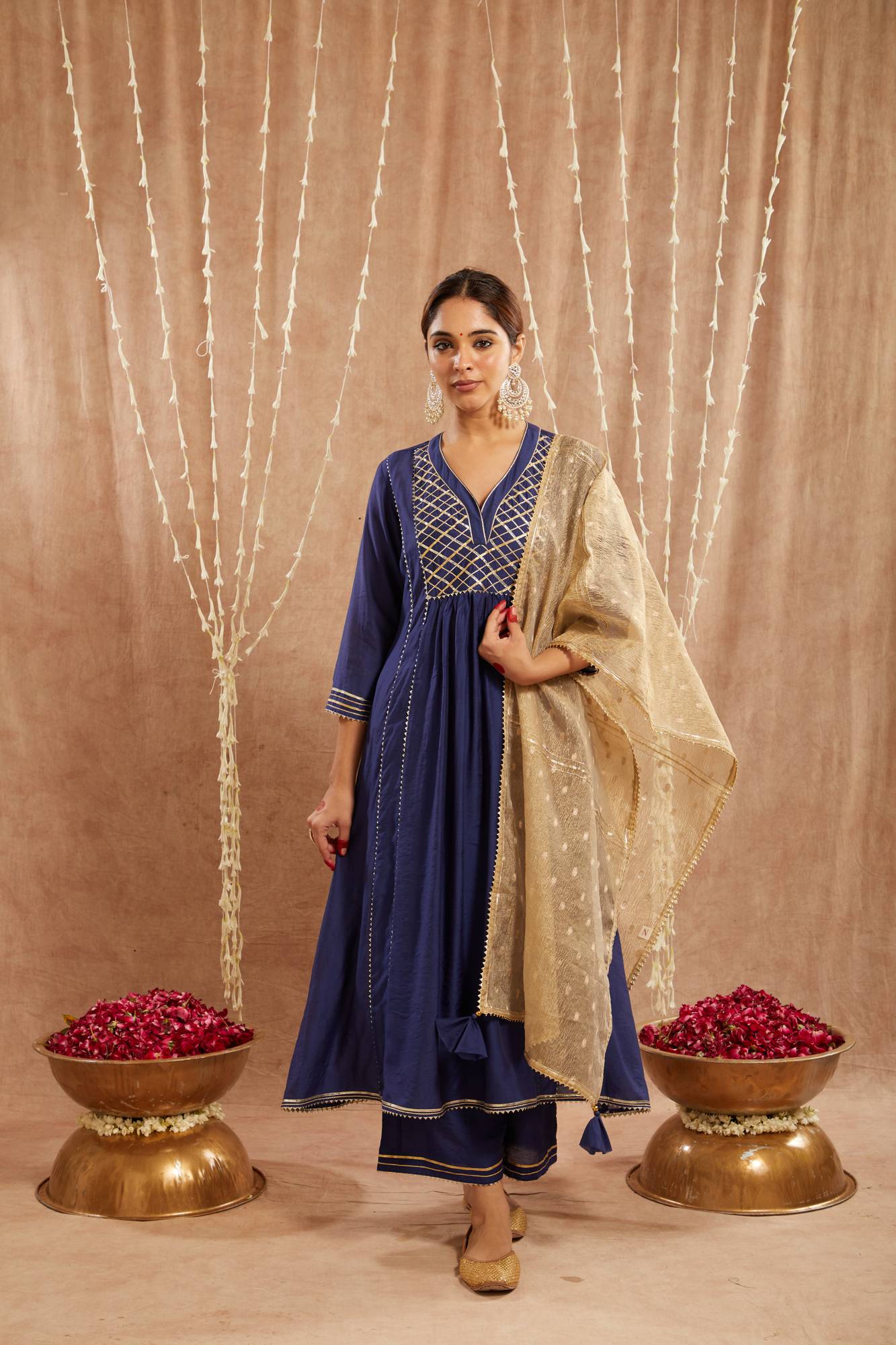 Royal Blue Gota Chanderi Kurta with 
Wide Leg Pants