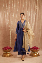 Royal Blue Gota Chanderi Kurta with 
Wide Leg Pants