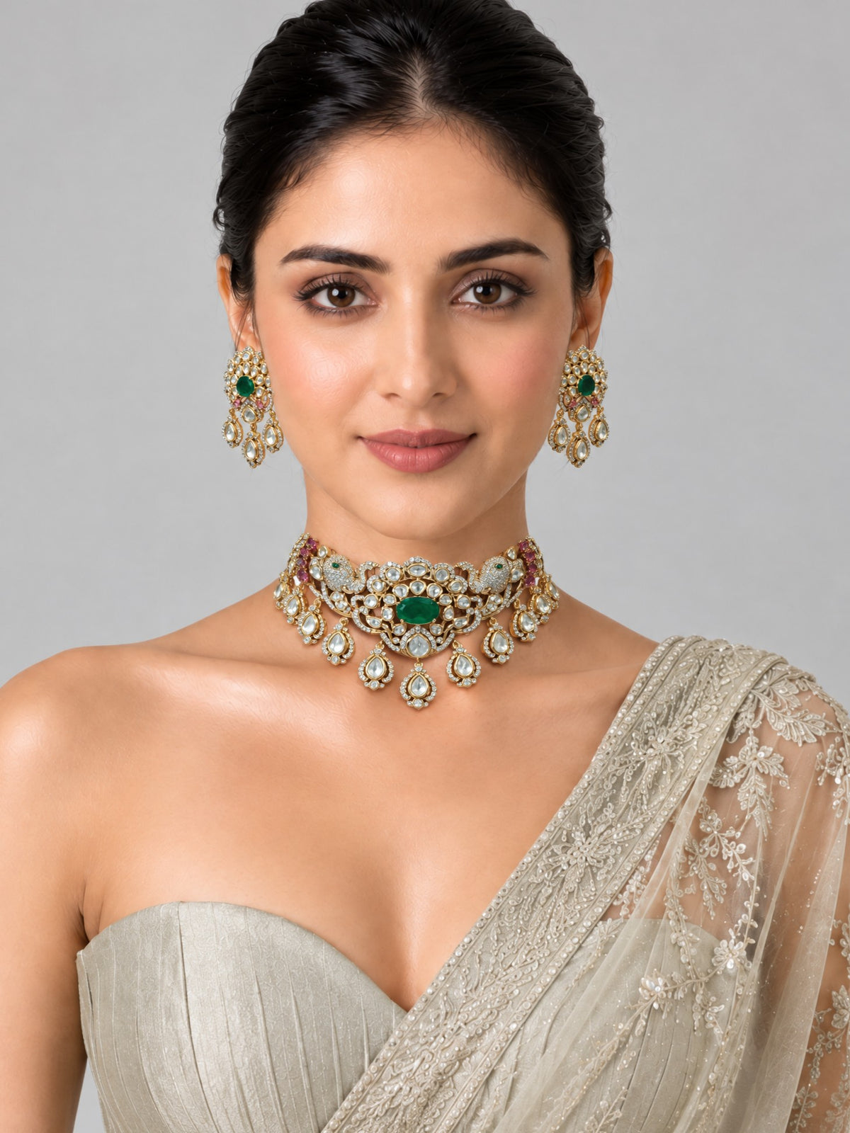Emerald Moissanite Polki Choker Necklace Set