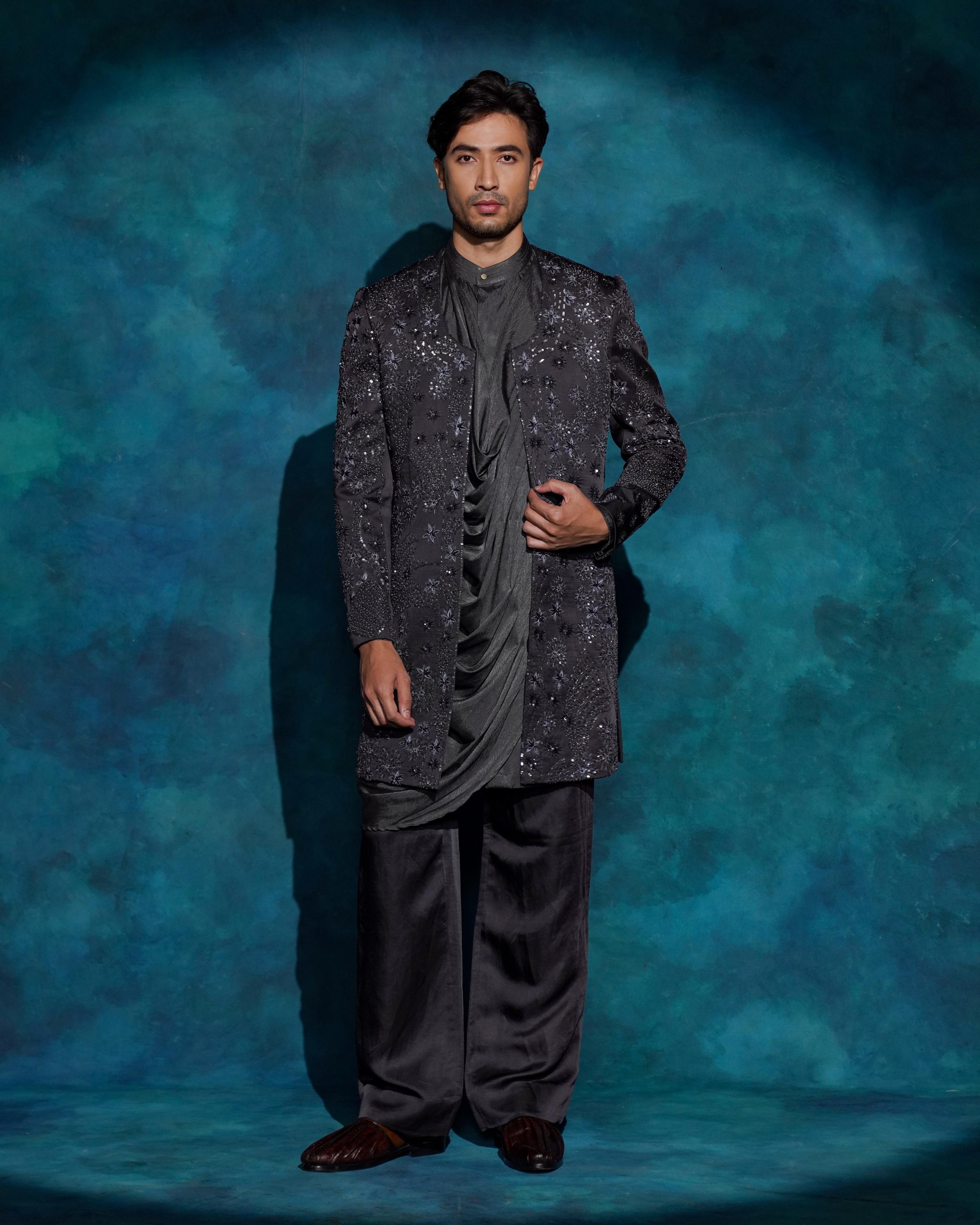 Charcoal Gray hand embroidered contemporary jacket set