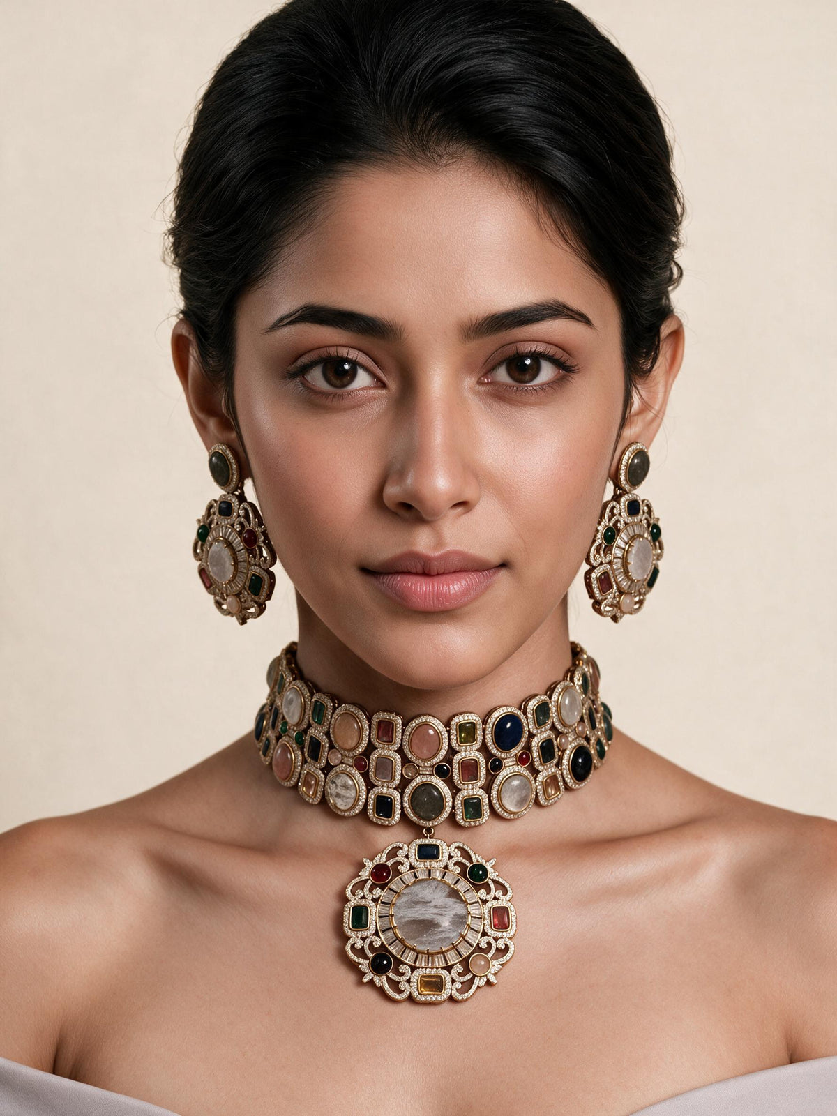 Multicolour Semi-Precious Stone Moissanite Choker Set