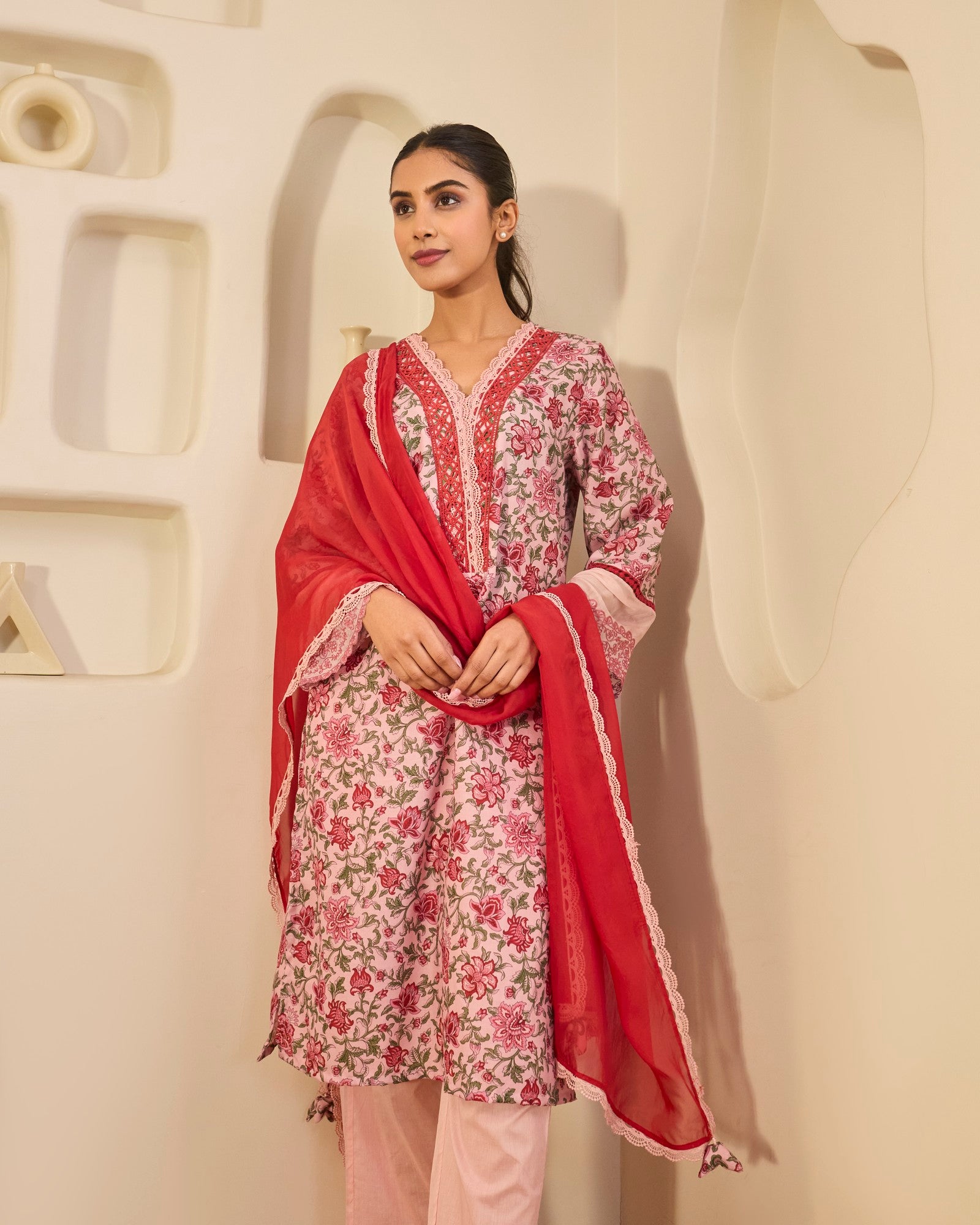 Rosewood Embroidered Cotton Kurta with Narrow Pants