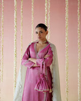 Fuschia Pink Tissue Angarakha with 
Narrow Pants & Dupatta - Set of 3