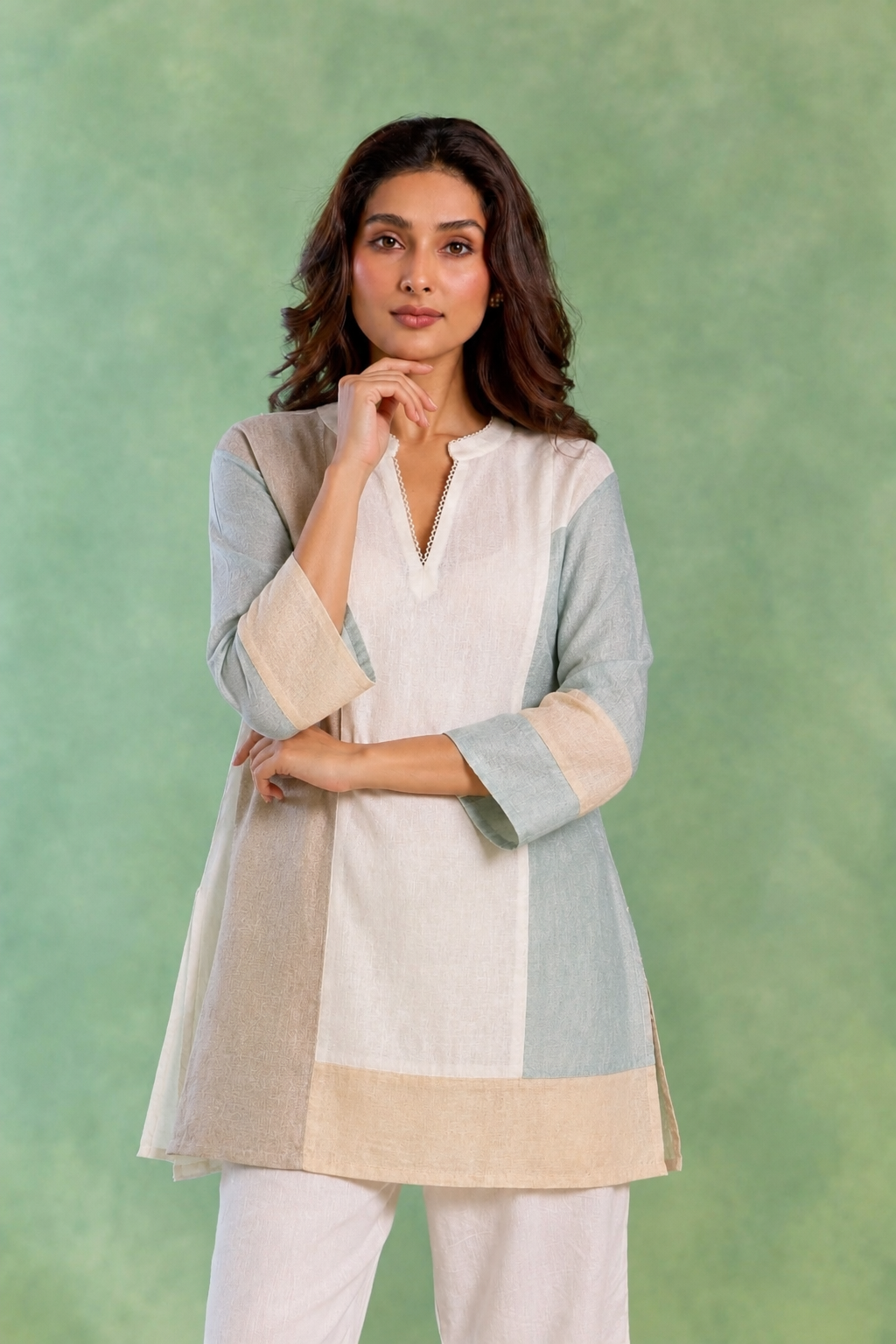 White Colourblock Handloom Cotton Co-ord Set