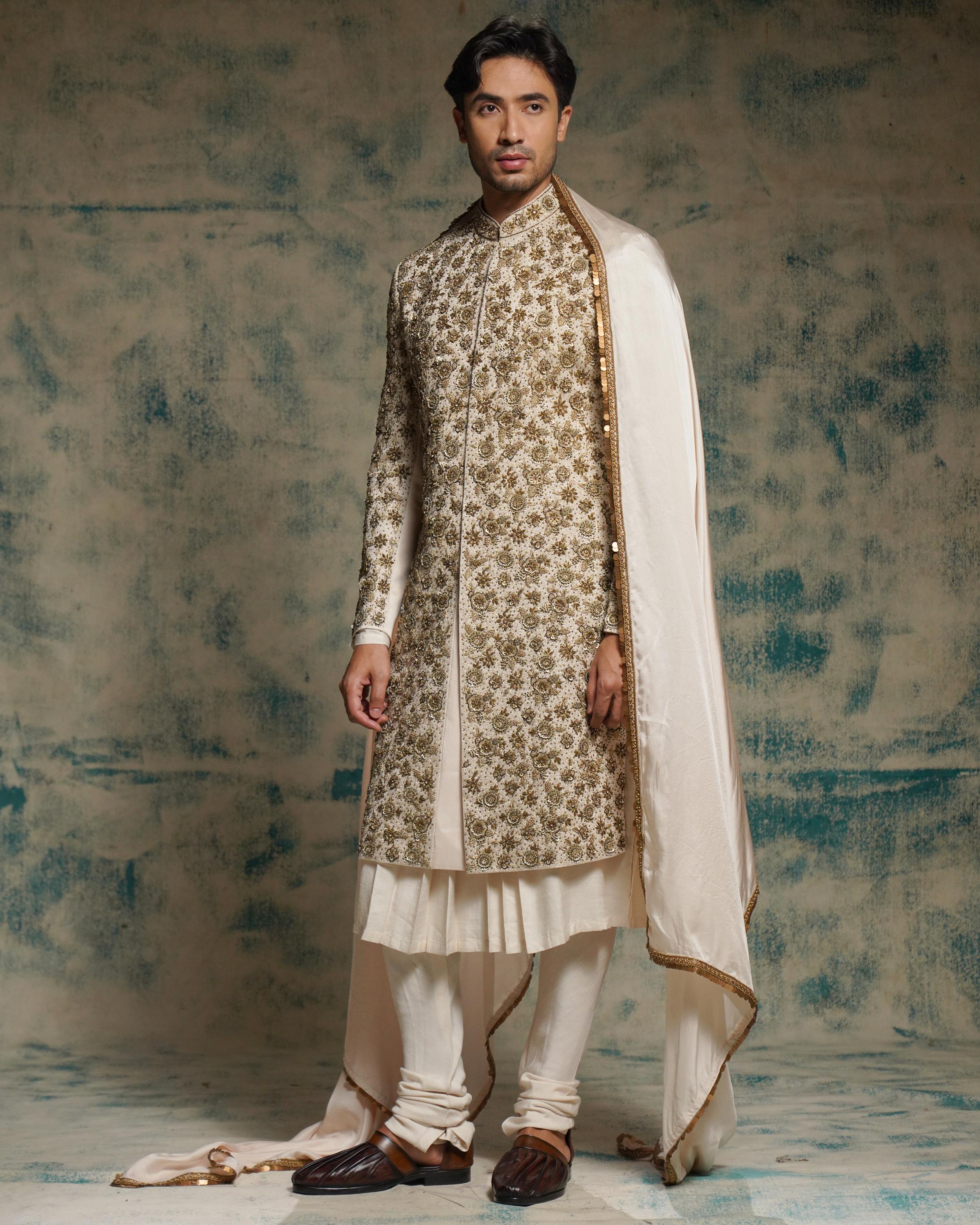 Apricot Ivory Silk embriodered zari Sherwani Set