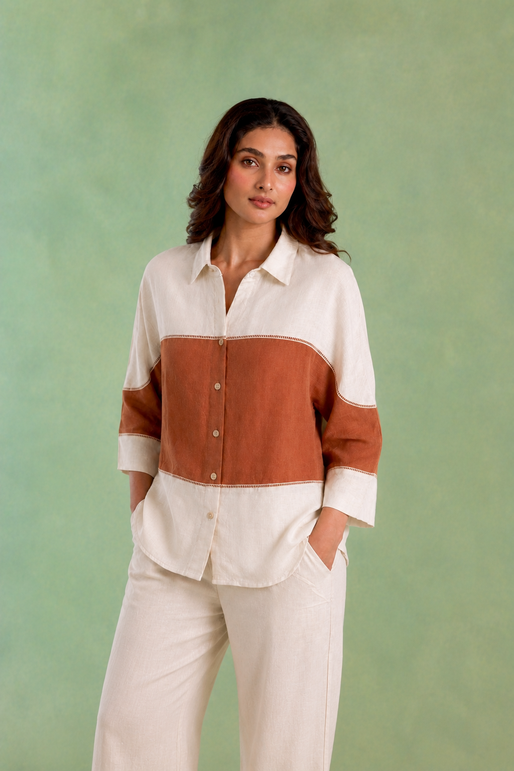 Ivory Brown Panel Handloom Cotton Co-ord Set