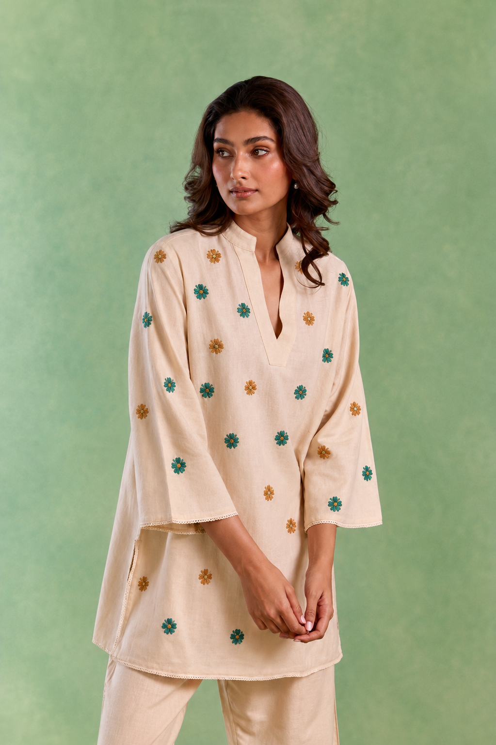 Ivory Flora Embroidered Handloom Cotton Co-ord Set