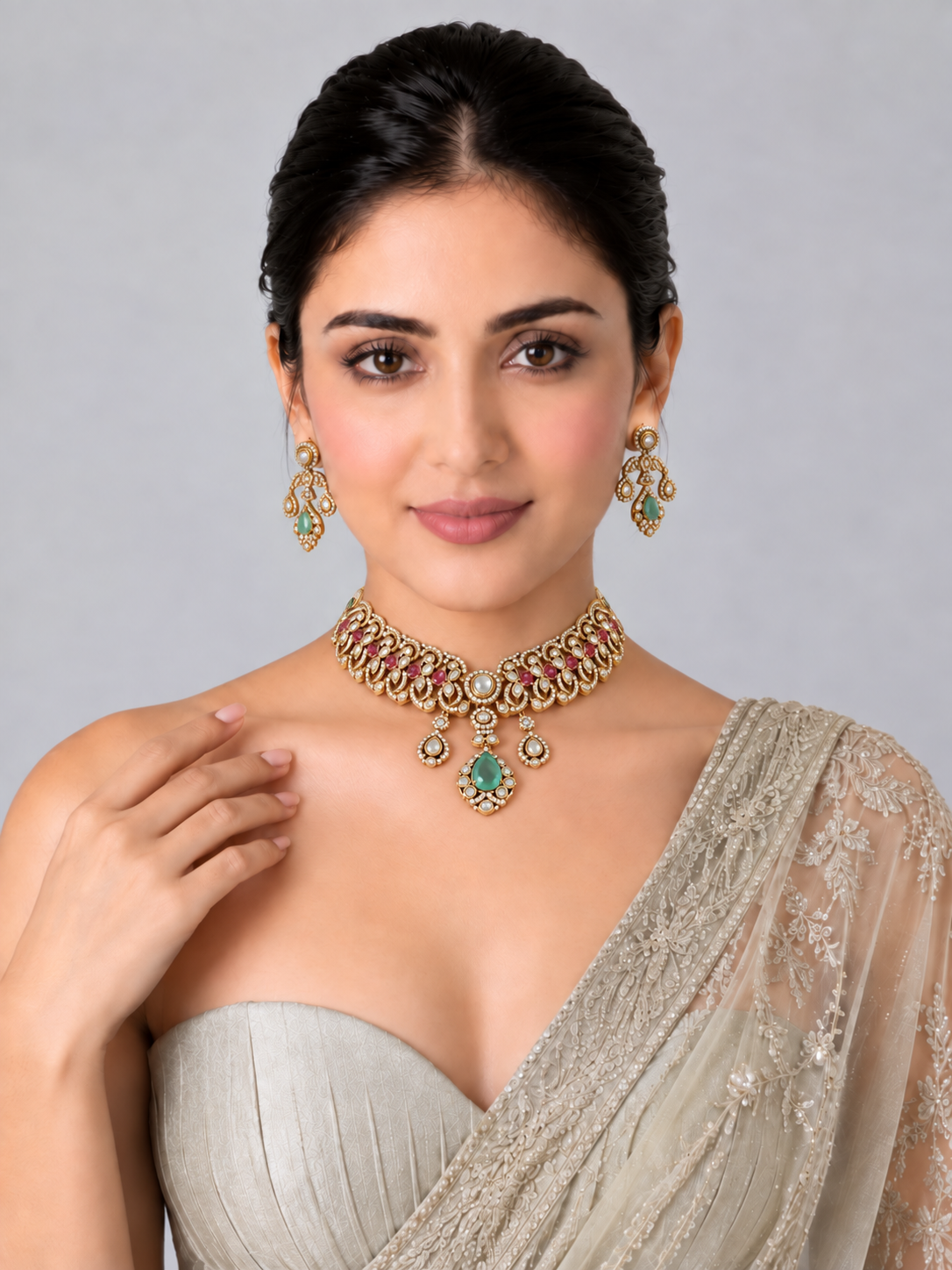 Ruby and Emerald Moissanite Choker Necklace Set