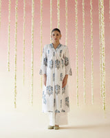 Pearl Blue Buta V Neck Kurta with Wide Leg Pants- Set of 2
