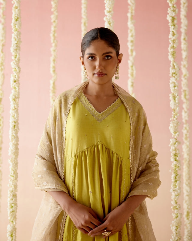 Lilly Lime Chanderi Kurta with 
Narrow Pants & Dupatta - Set of 3