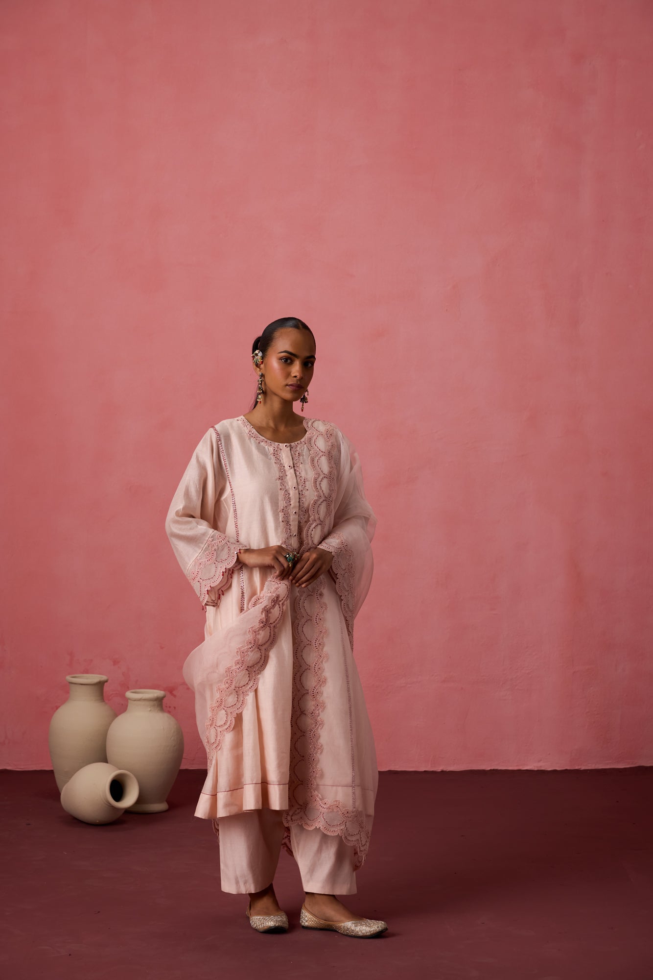 Cozy peach chanderi dori work  and resham embroidered kurta paired with organic cotton slip, pant & organza dupatta