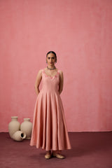 Peach cotton silk resham embroidered anarkali with pant & organza dupatta