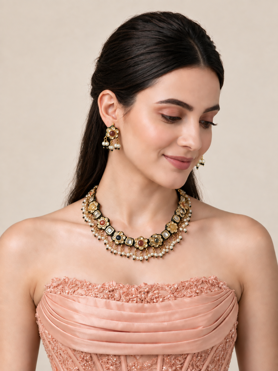 Navratna Kundan Floral Necklace Earring Set